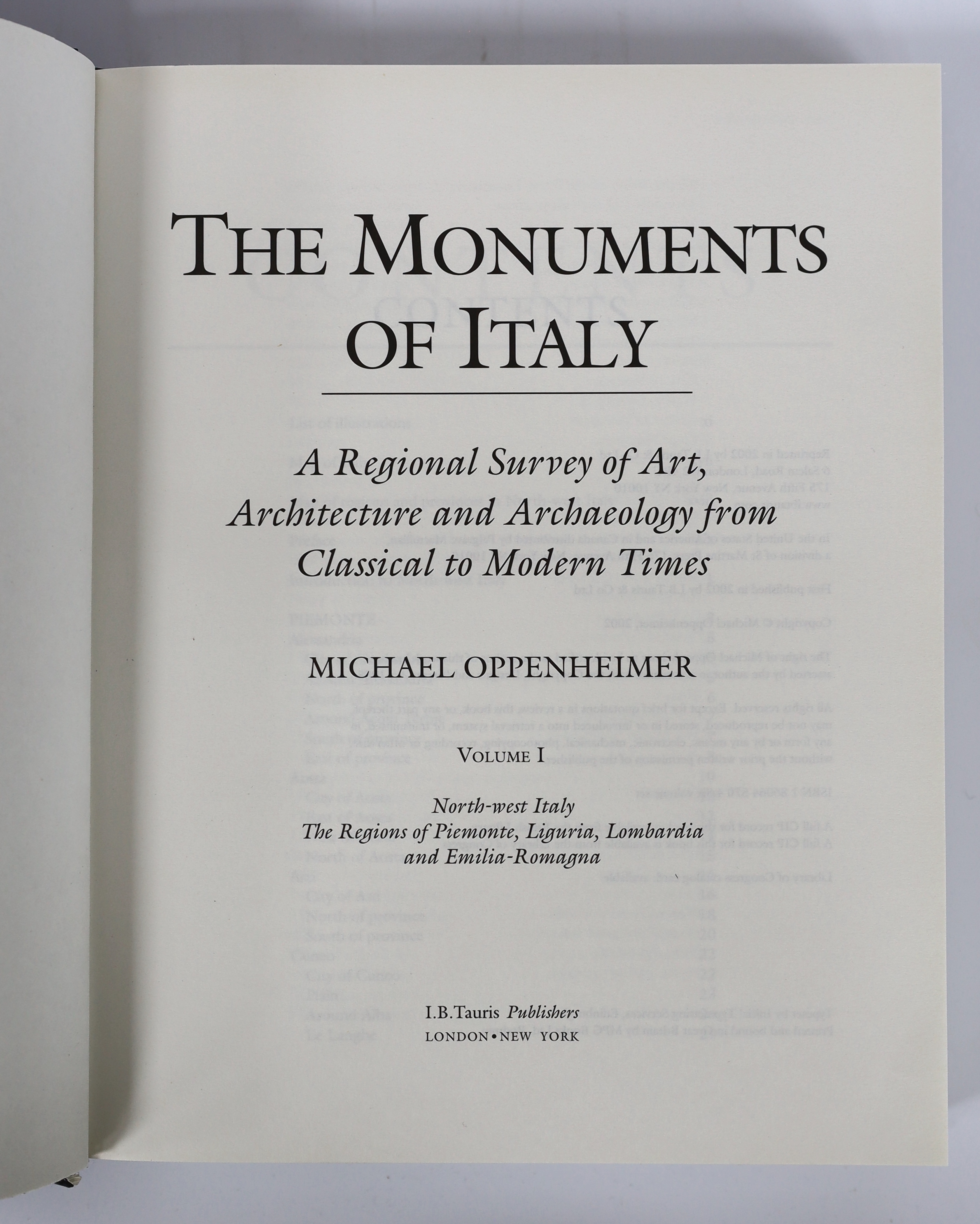 Oppenheimer, Michael - The Monuments of Italy: a regional survey of art, architecture and archaeology from classical to modern times. 6 vols. num. photo. plates and sketch maps; lettered cloth with red spine labels, 4to.